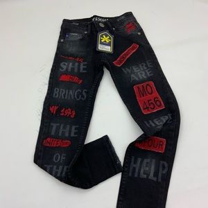 Men's Fashion Black Red Skinny Denim Pants